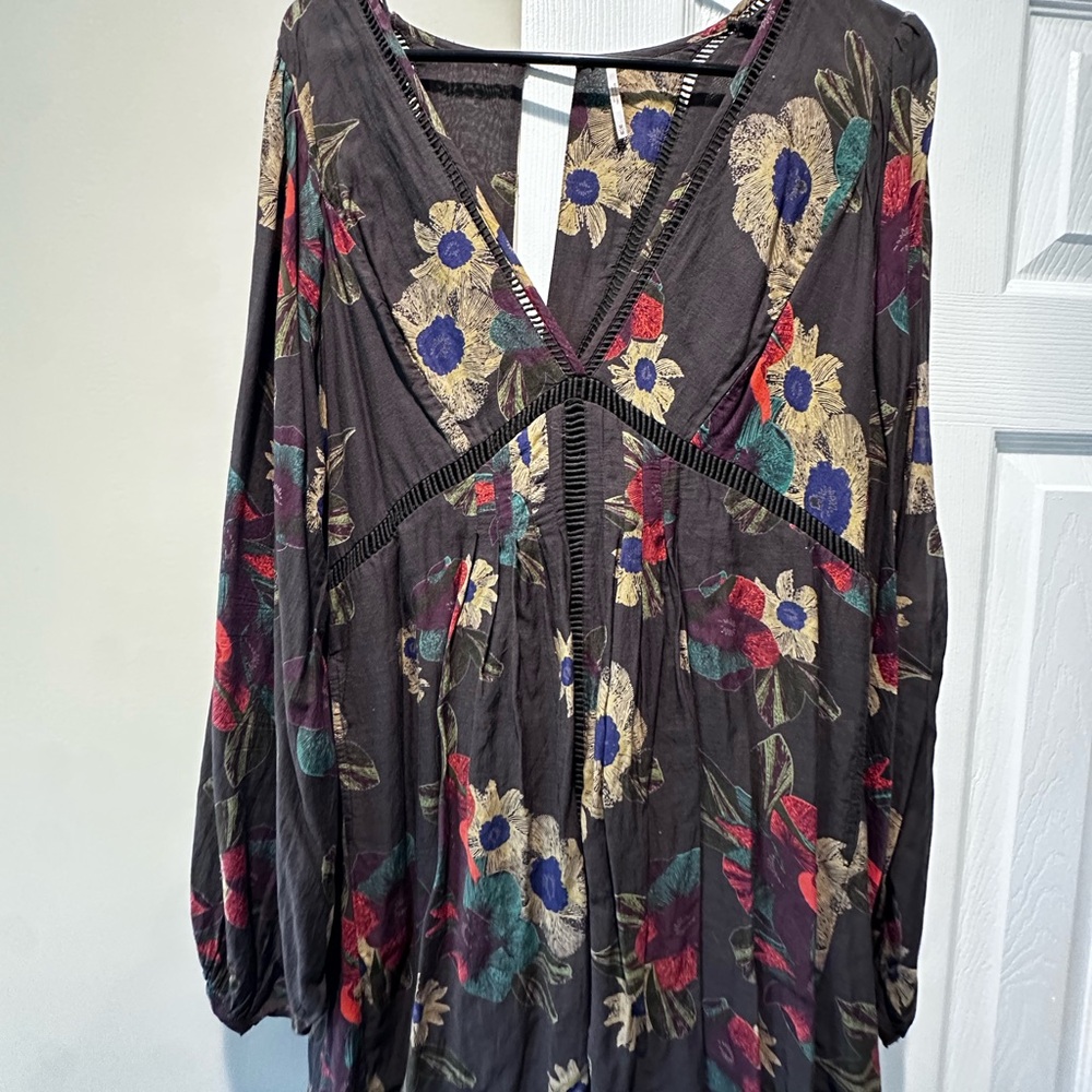 Free People Black and Red Long Sleeve Pleated Dress